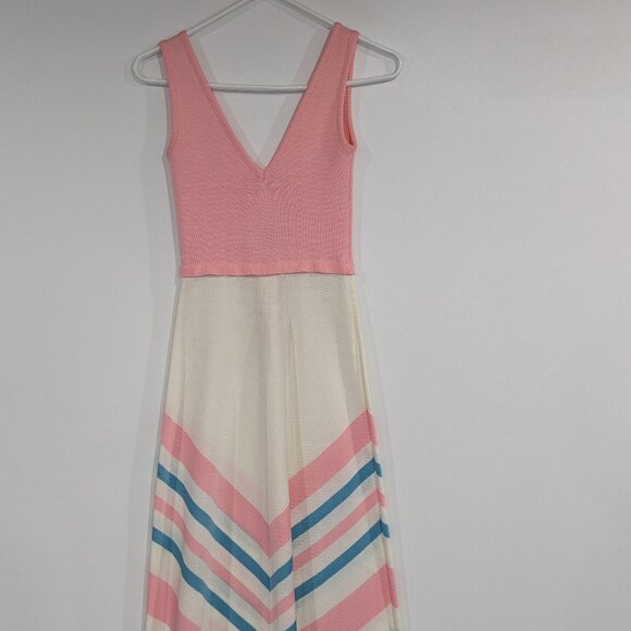 Partout Junior Knit Sleeveless V-Neck Maxi Dress Cream Blue Pink Size 7 - Picture 1 of 3